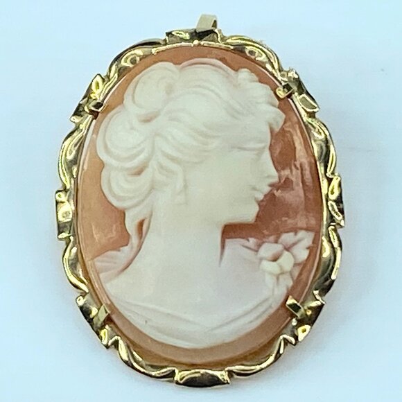 Shell Cameo Brooch pendant Young Lady 14K gold JR8989